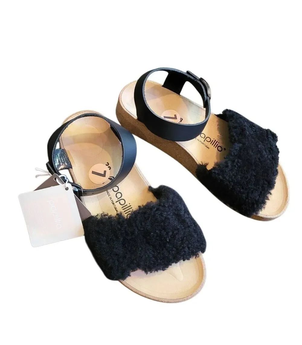 NWT Birkenstock Papillio Sandals Women's 7 Black Glenda Teddy Shearling Wedge